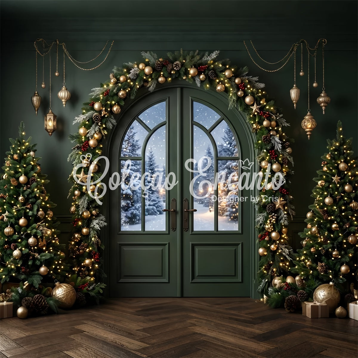 Green Christmas Backdrop Emerald Door Golden Garland Trees Best Christmas Photo Backdrops CEM65-117