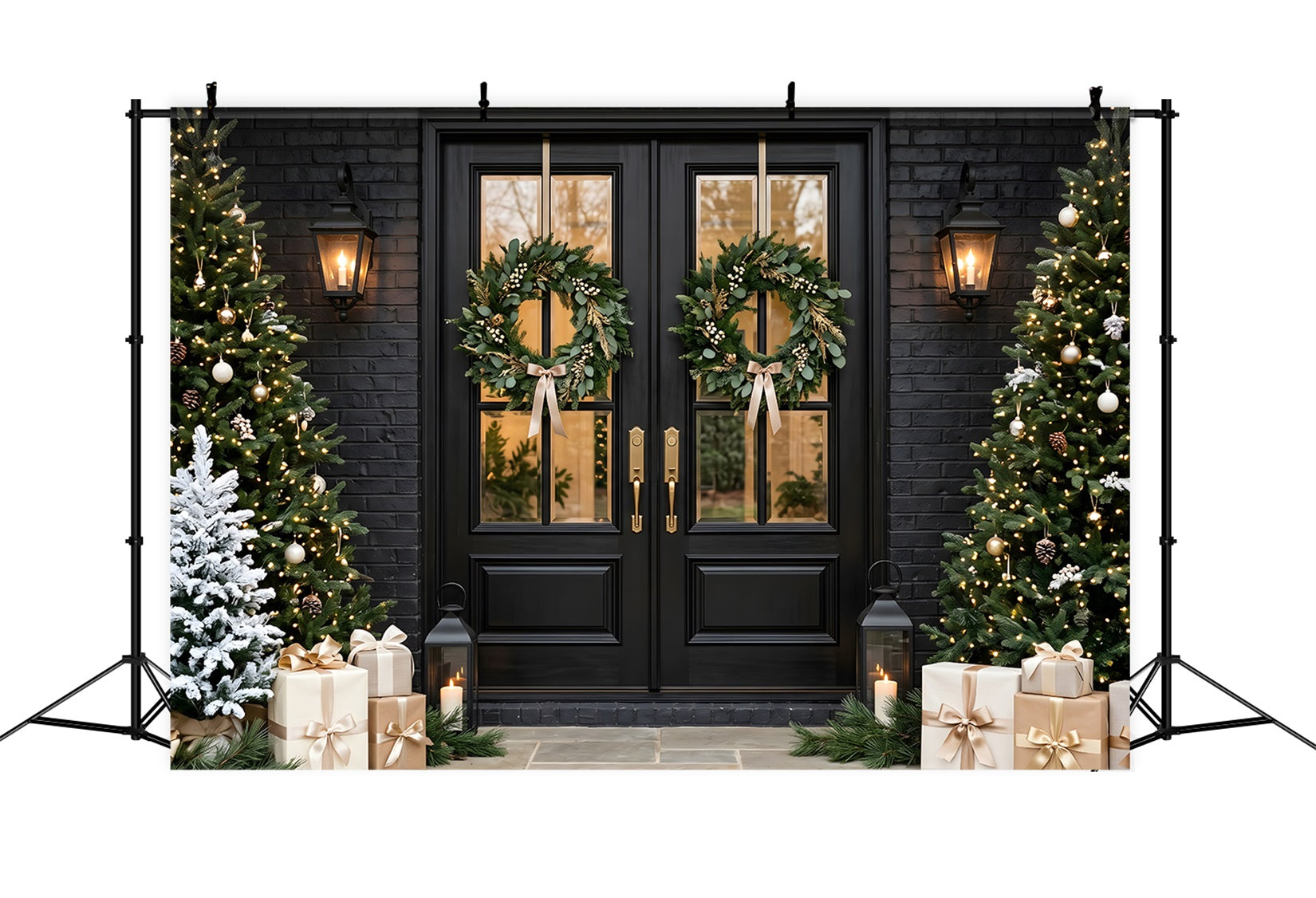 Black Christmas Backdrop Black Door Twin Wreath Porch Christmas Backdrop CEM65-120