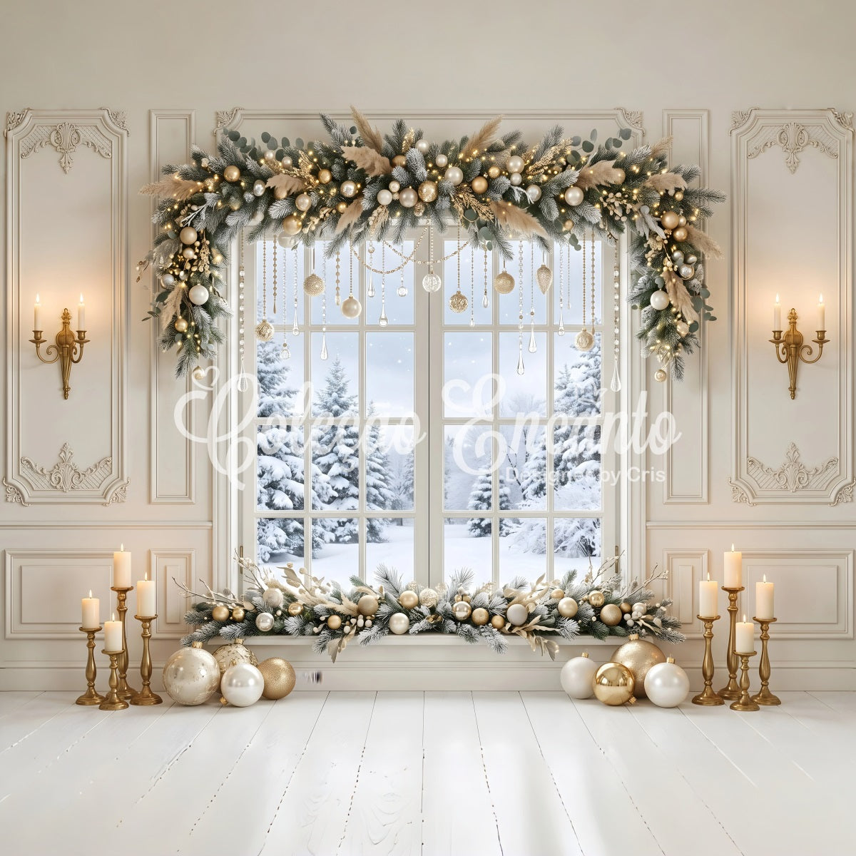 Large Christmas Backdrop Golden Crystal Winter Window Garland Christmas Backdrops CEM65-121