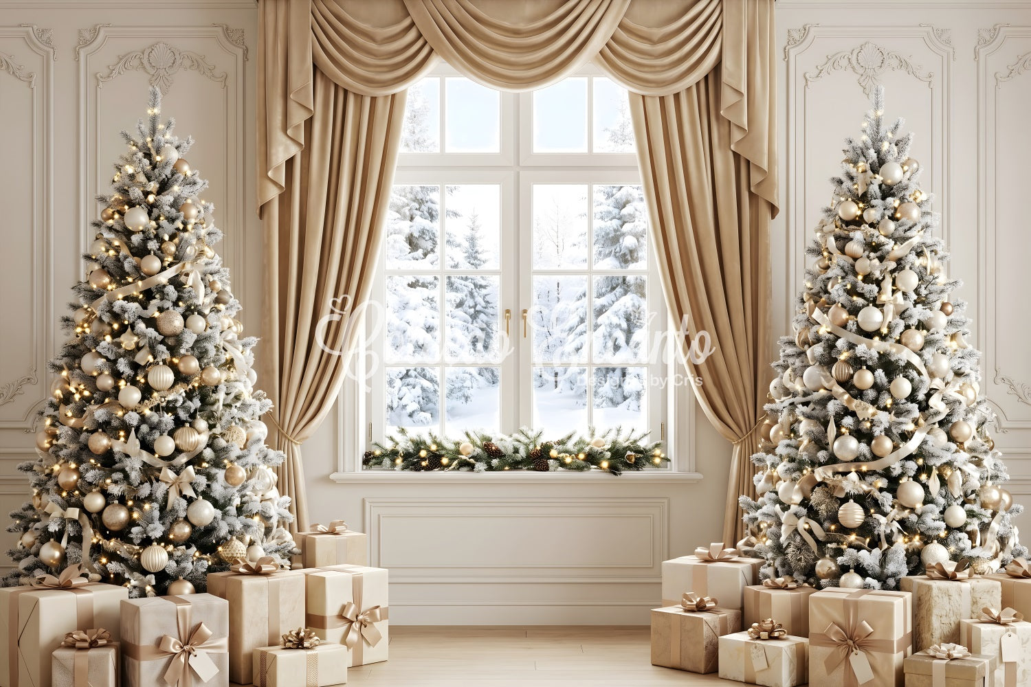 Christmas Window Backdrop Champagne Curtain Frosted Tree Window Christmas Photo Backdrop CEM65-122