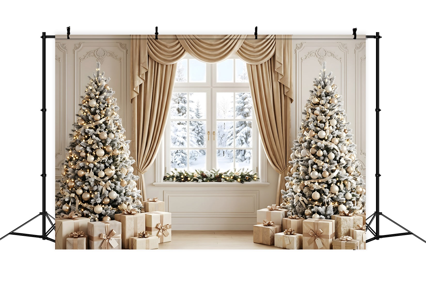 Christmas Window Backdrop Champagne Curtain Frosted Tree Window Christmas Photo Backdrop CEM65-122