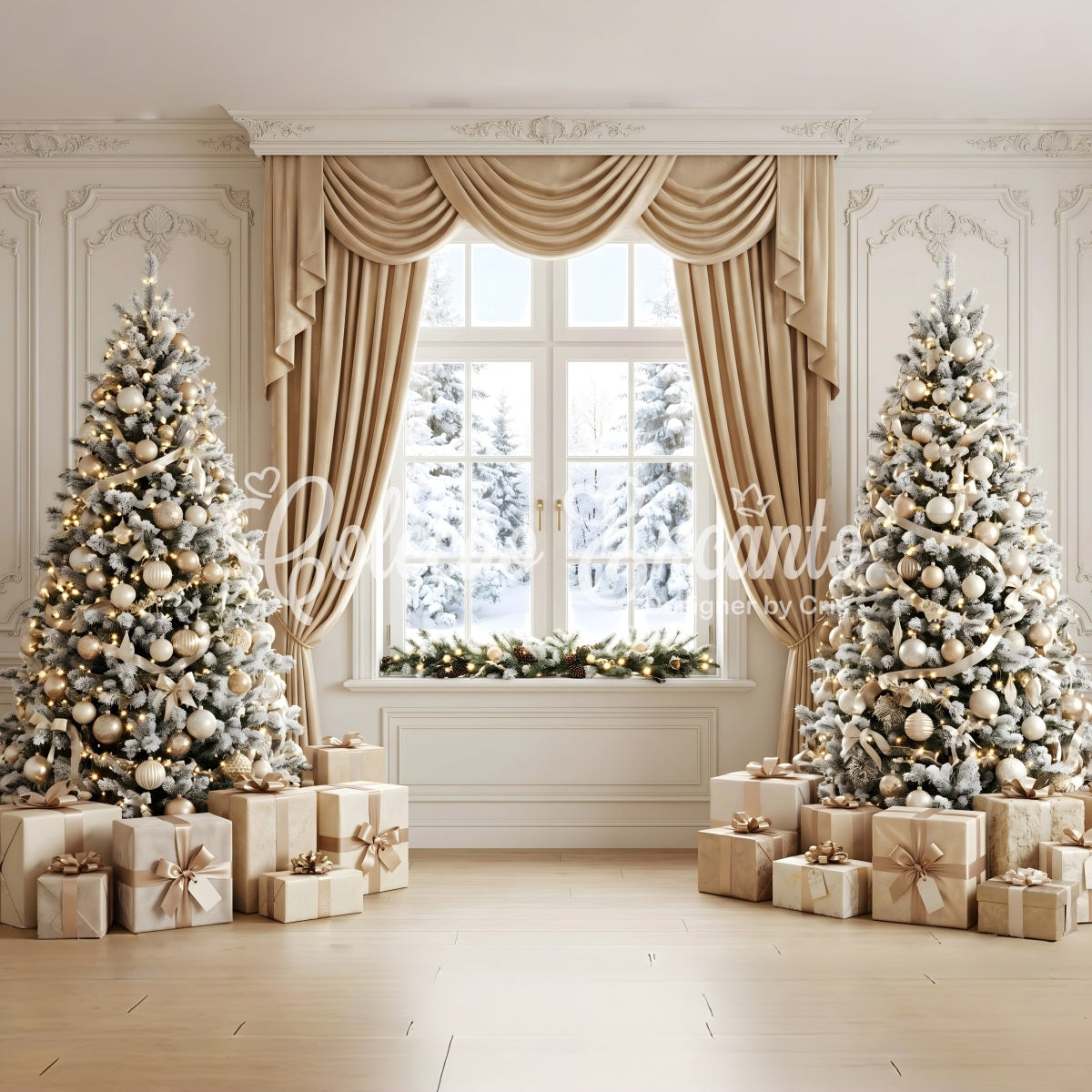Christmas Window Backdrop Champagne Curtain Frosted Tree Window Christmas Photo Backdrop CEM65-122