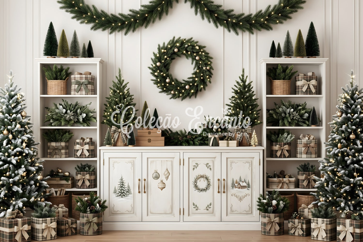 Christmas Backdrop For Pictures Neutral Shelf Wreath Mini Trees Christmas Backdrop Ideas CEM65-124