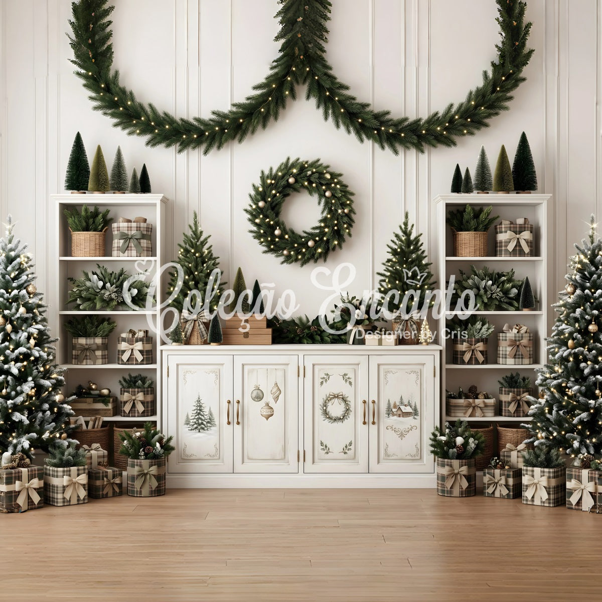 Christmas Backdrop For Pictures Neutral Shelf Wreath Mini Trees Christmas Backdrop Ideas CEM65-124