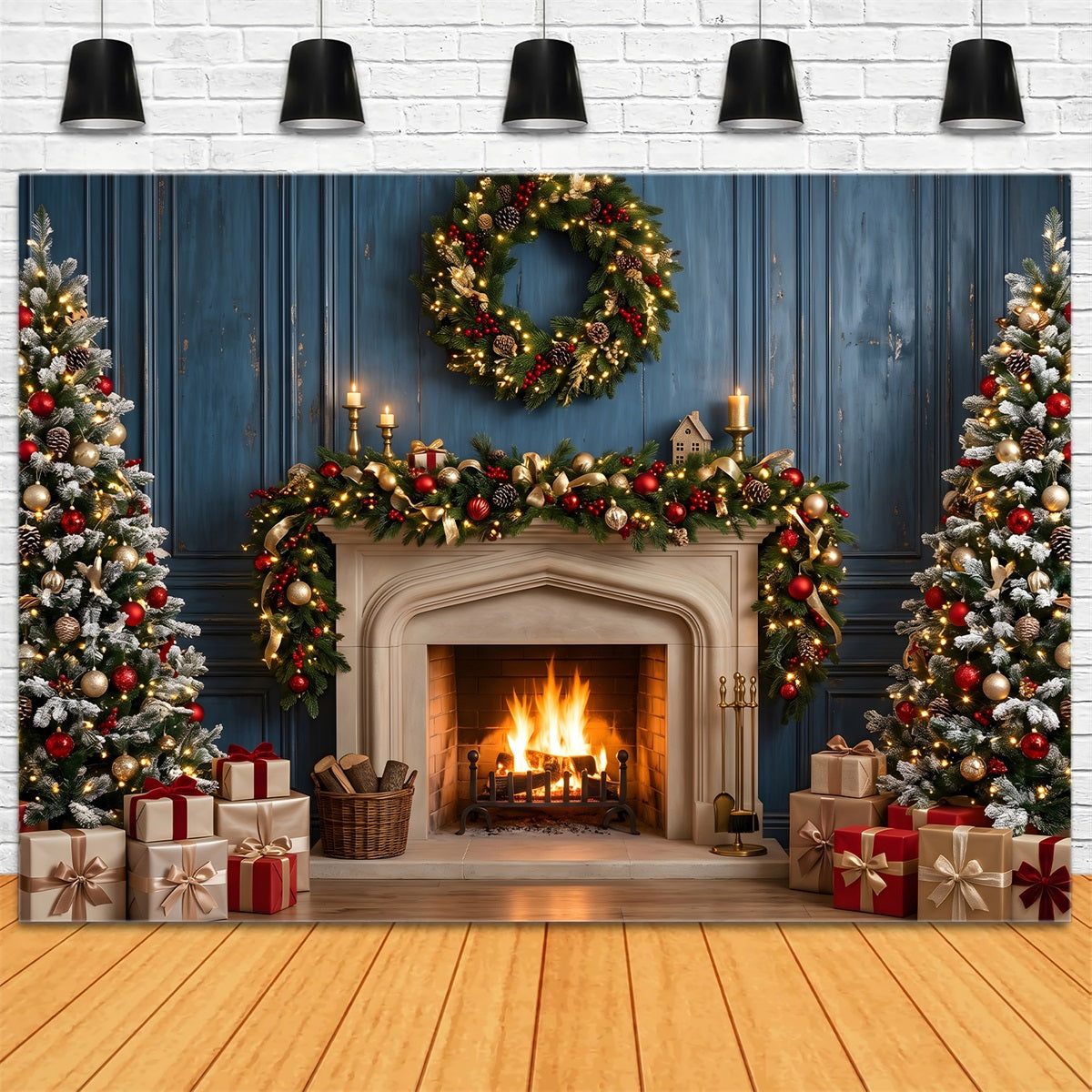 Blue Christmas Backdrop Blue Fireplace Wreath Christmas Trees Christmas Photo Backdrops CEM65-125
