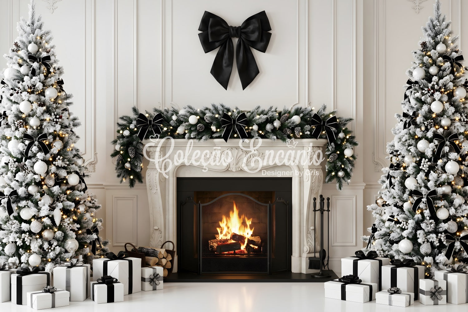 Christmas Party Photo Backdrop Black Bow Fireplace Trees Christmas Backdrops For Photography CEM65-127
