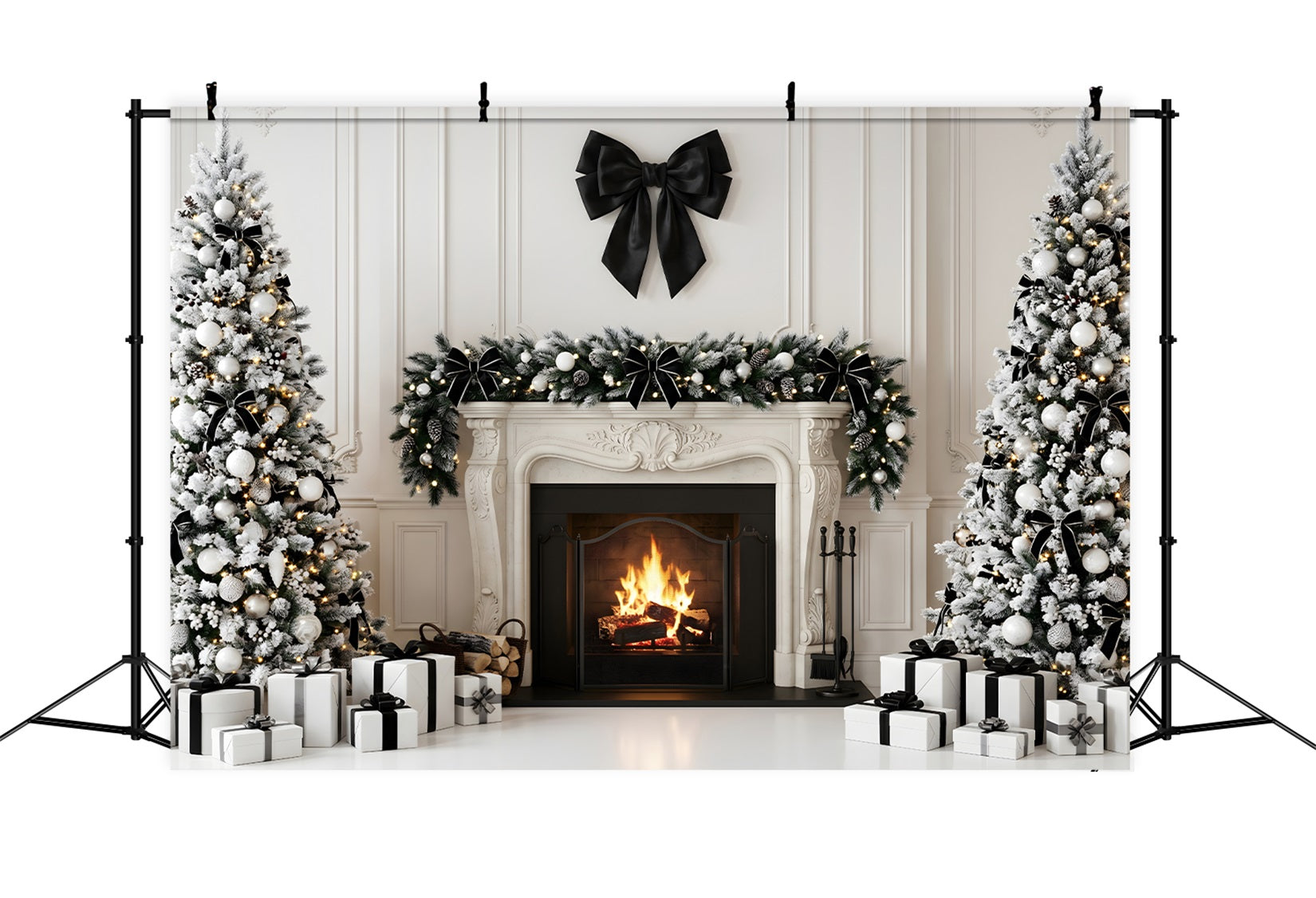 Christmas Party Photo Backdrop Black Bow Fireplace Trees Christmas Backdrops For Photography CEM65-127