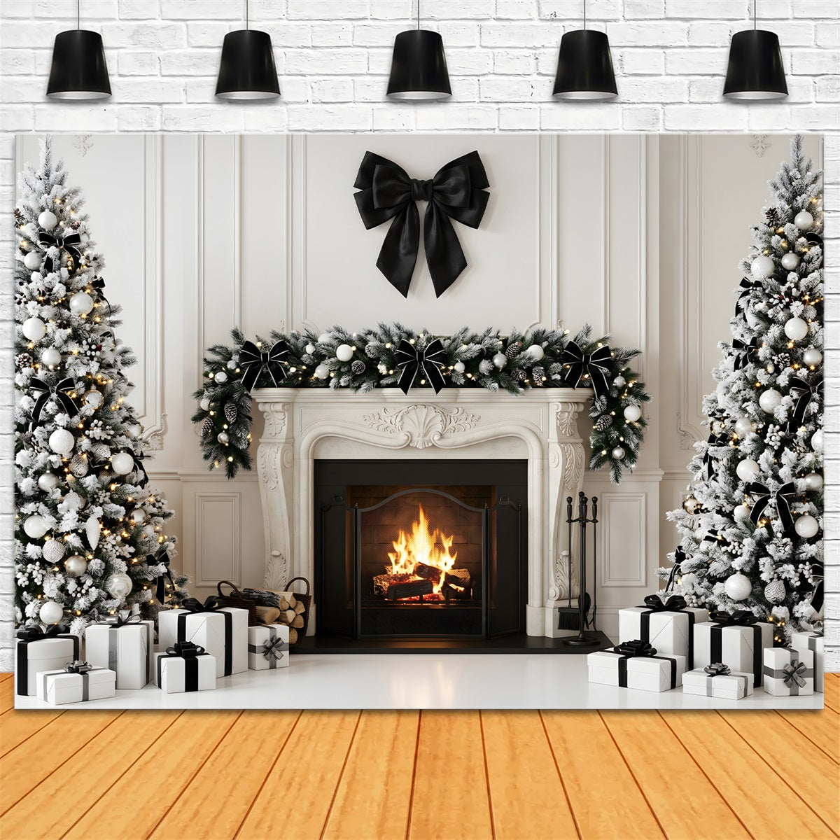 Christmas Party Photo Backdrop Black Bow Fireplace Trees Christmas Backdrops For Photography CEM65-127