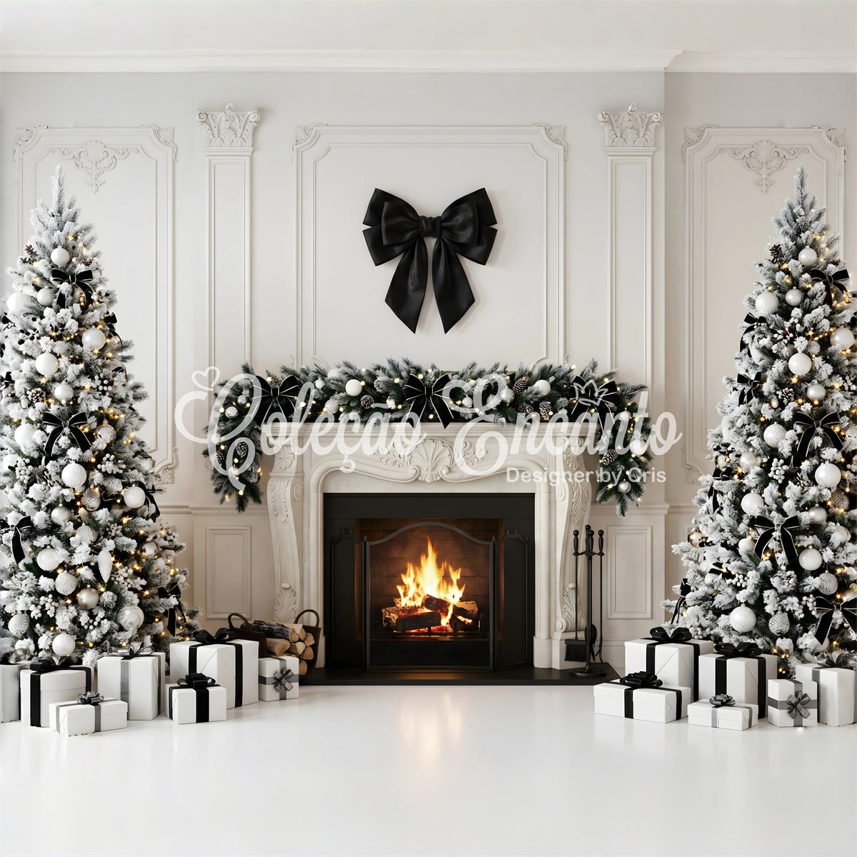 Christmas Party Photo Backdrop Black Bow Fireplace Trees Christmas Backdrops For Photography CEM65-127