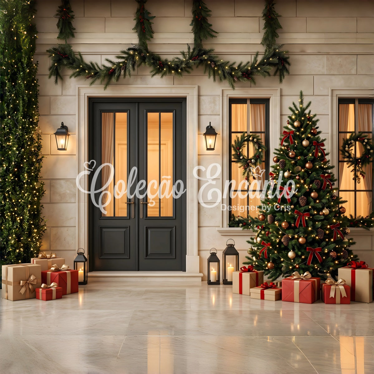Christmas Tree Backdrop Black Door Lantern Christmas Porch Christmas Photography Backdrop CEM65-128