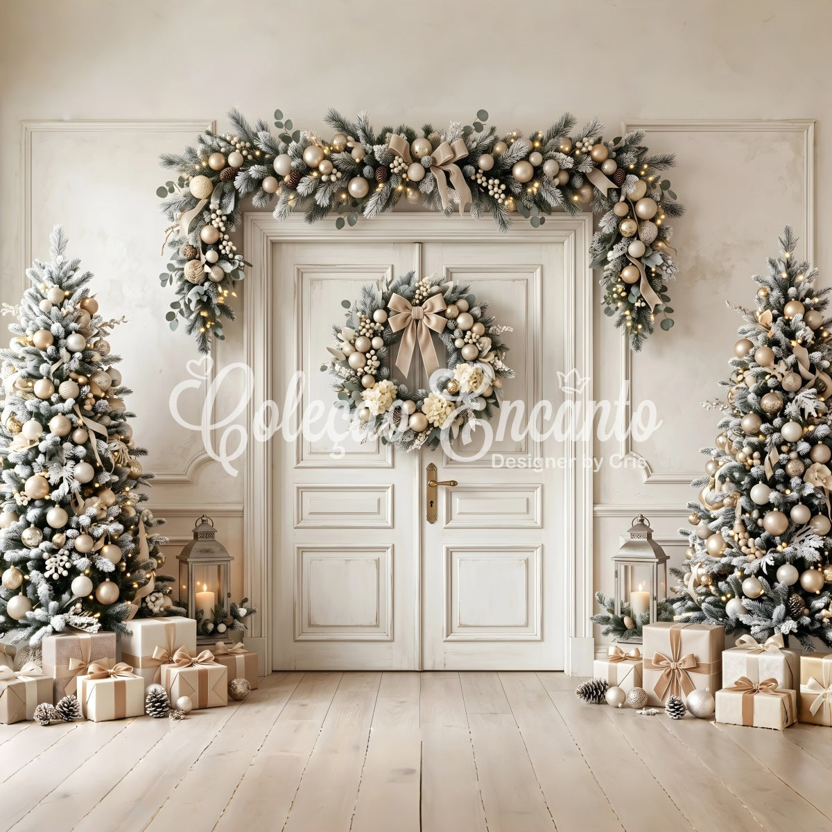 Beautiful Christmas Backdrops Ivory Gold Door Wreath Trees Christmas Photography Backdrops CEM65-130