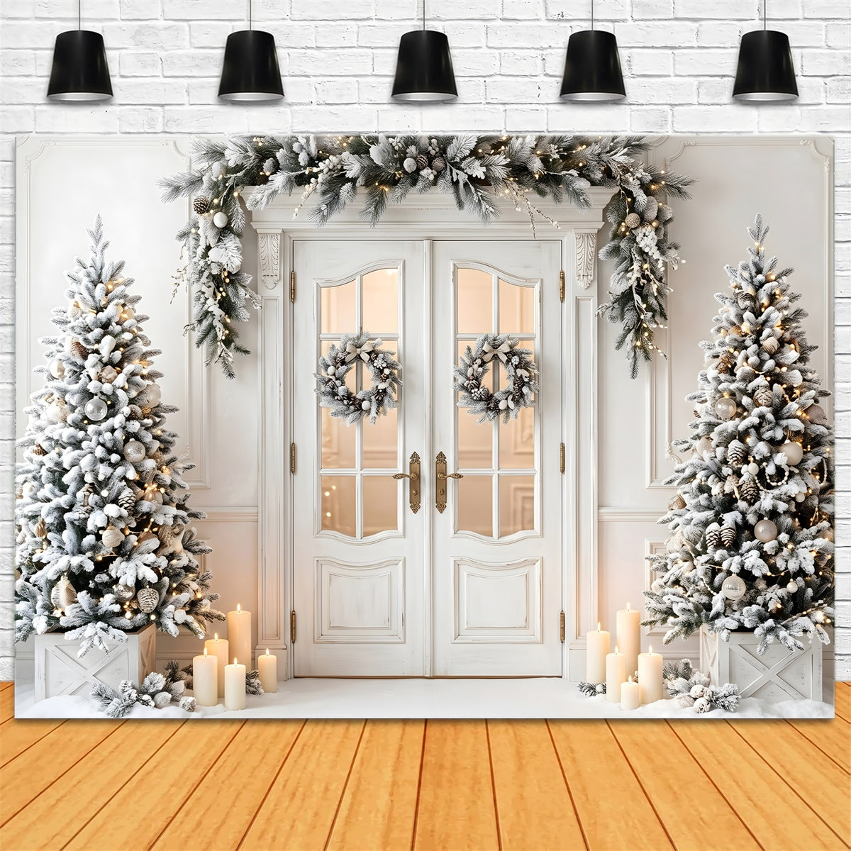 Christmas Backdrop Frosted White Door Wreath Trees Christmas Photo Booth Backdrop CEM65-134