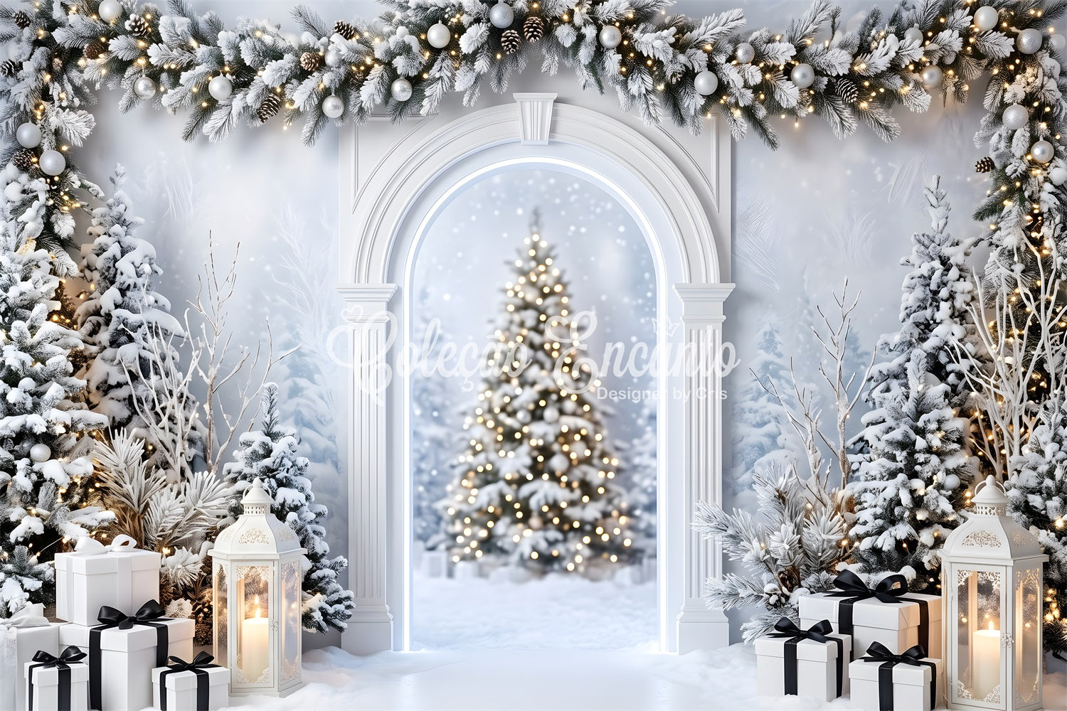 Christmas Studio Backdrop Snowy White Arch Lantern Gifts Photo Backdrop Christmas CEM65-135