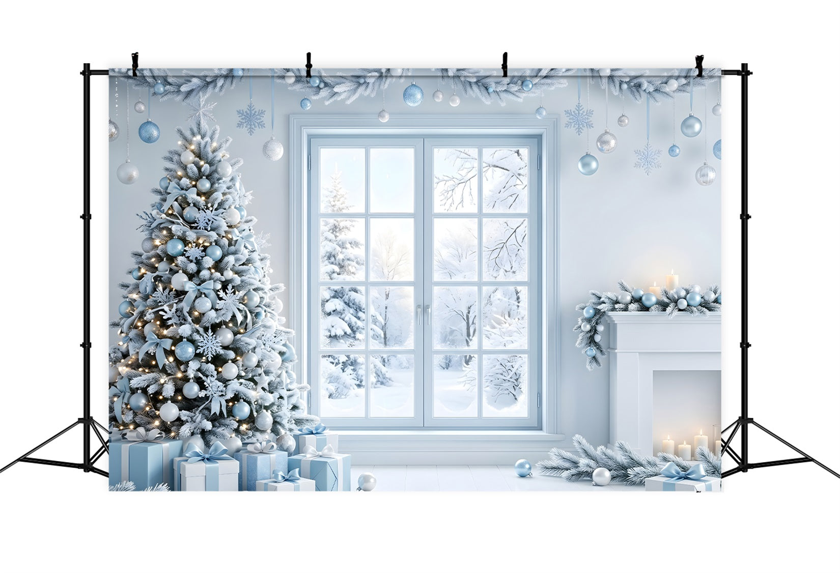 Christmas Backdrop Photoshoot Icy Blue Window Tree Fireplace Christmas Backdrop Design CEM65-136