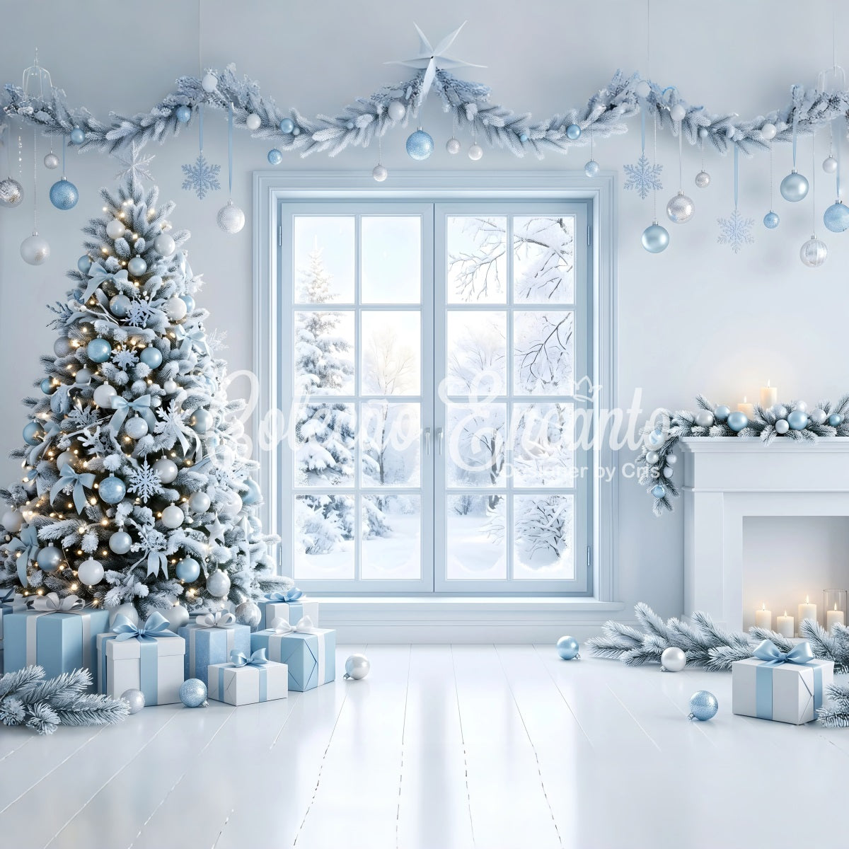 Christmas Backdrop Photoshoot Icy Blue Window Tree Fireplace Christmas Backdrop Design CEM65-136