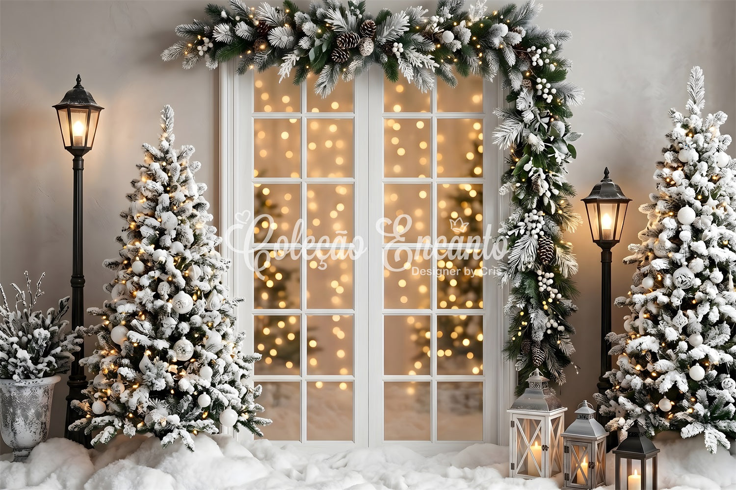 Christmas Lights Photo Backdrop Snowy Window Garland Lantern Trees Christmas Backdrops CEM65-137