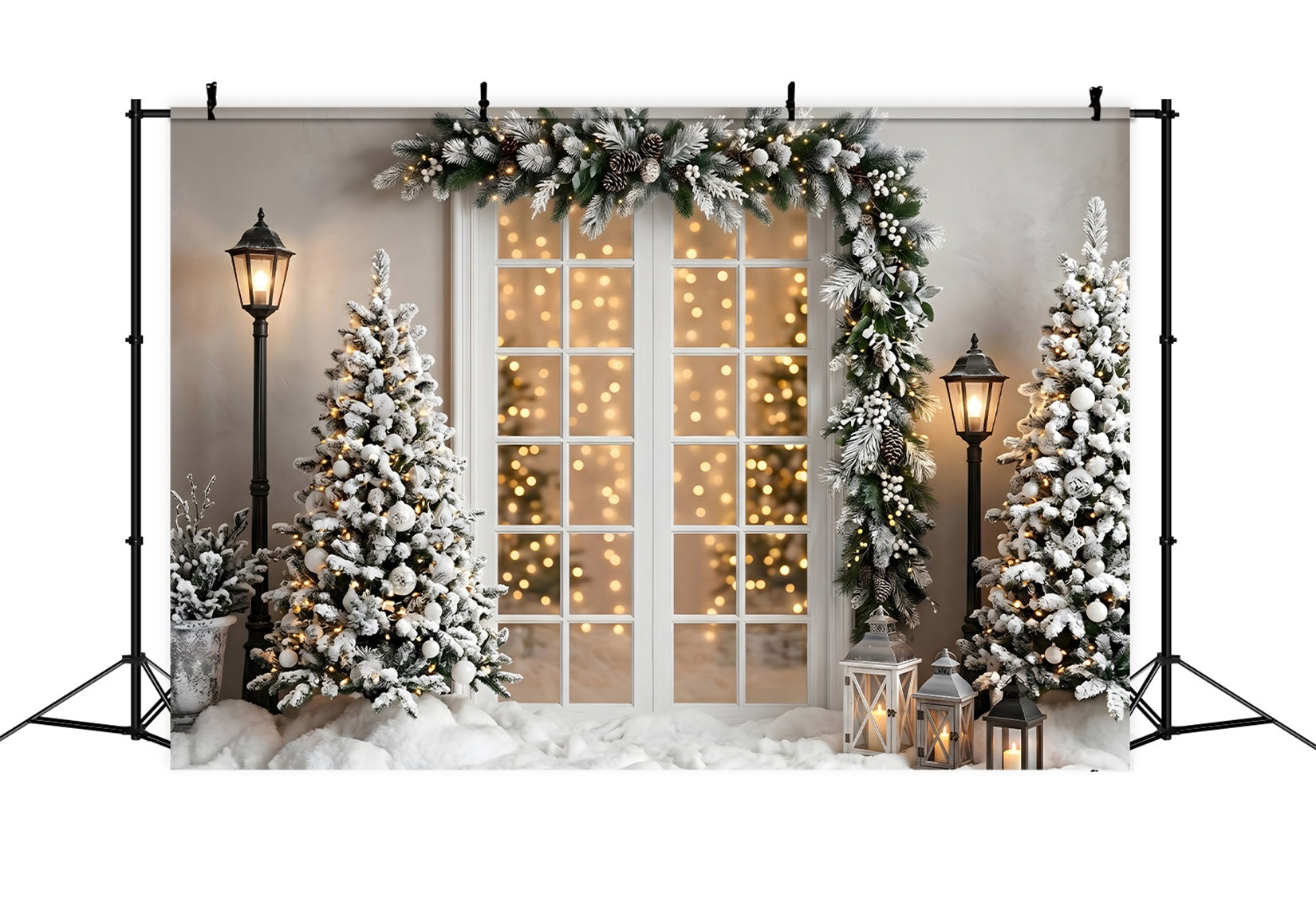 Christmas Lights Photo Backdrop Snowy Window Garland Lantern Trees Christmas Backdrops CEM65-137