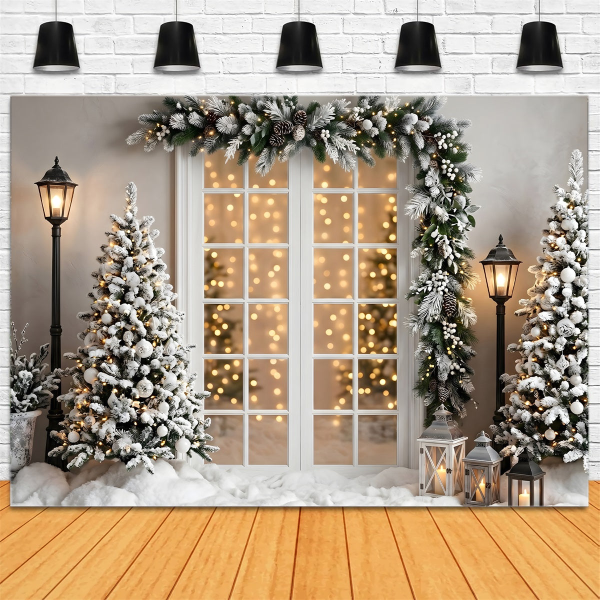 Christmas Lights Photo Backdrop Snowy Window Garland Lantern Trees Christmas Backdrops CEM65-137