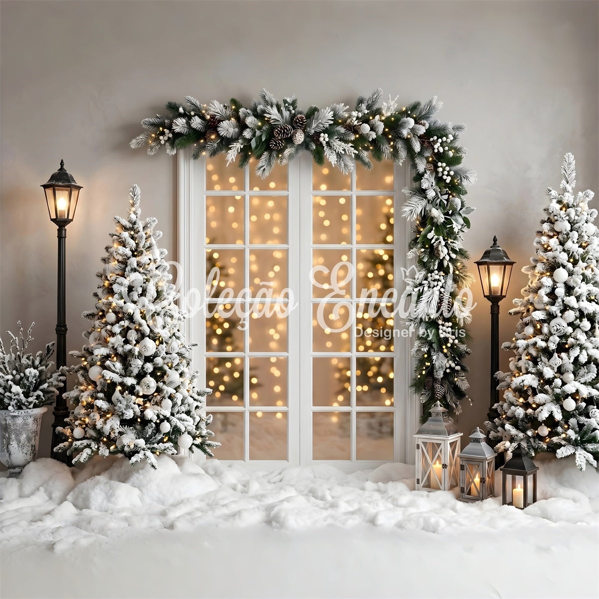 Christmas Lights Photo Backdrop Snowy Window Garland Lantern Trees Christmas Backdrops CEM65-137