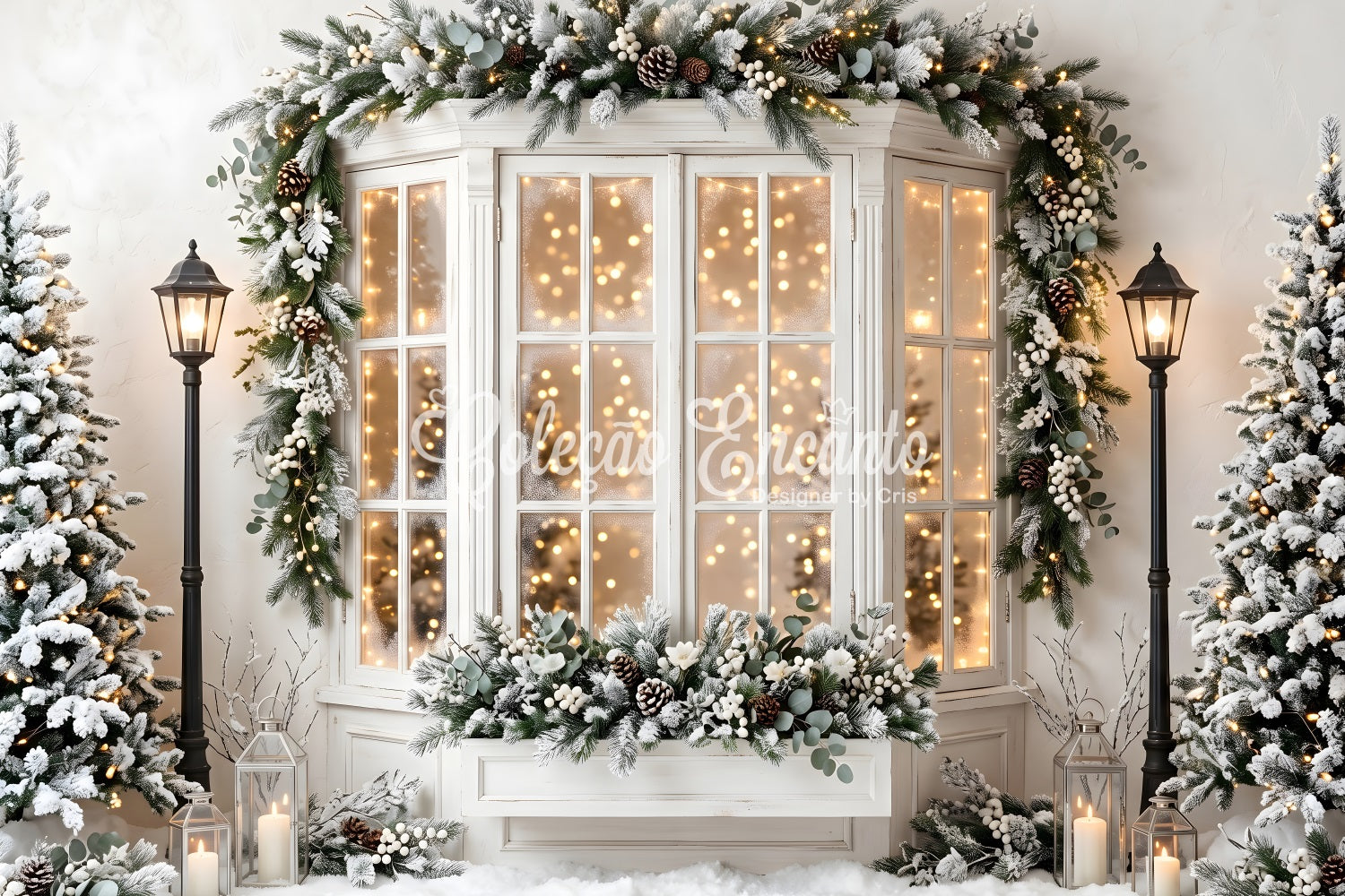 Christmas Backdrops For Pictures Frosted Bay Window Pine Lanterns Christmas Backdrop CEM65-138