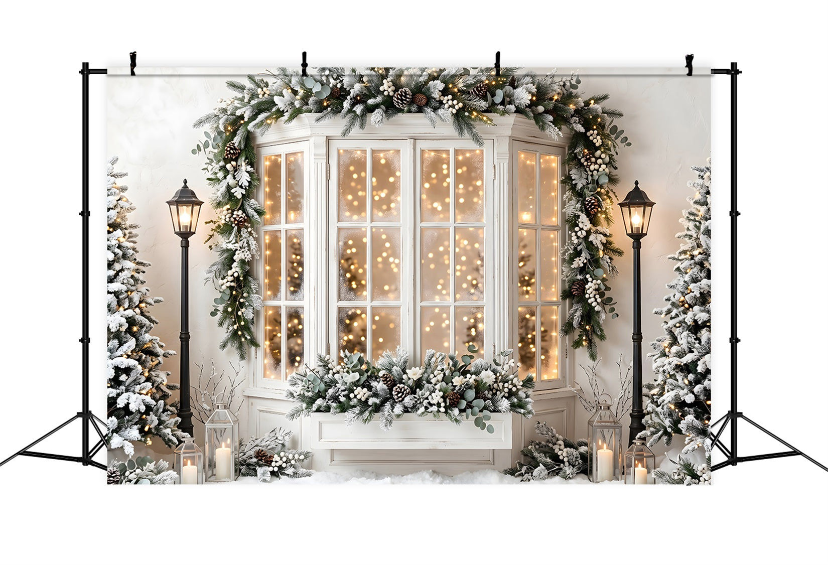 Christmas Backdrops For Pictures Frosted Bay Window Pine Lanterns Christmas Backdrop CEM65-138