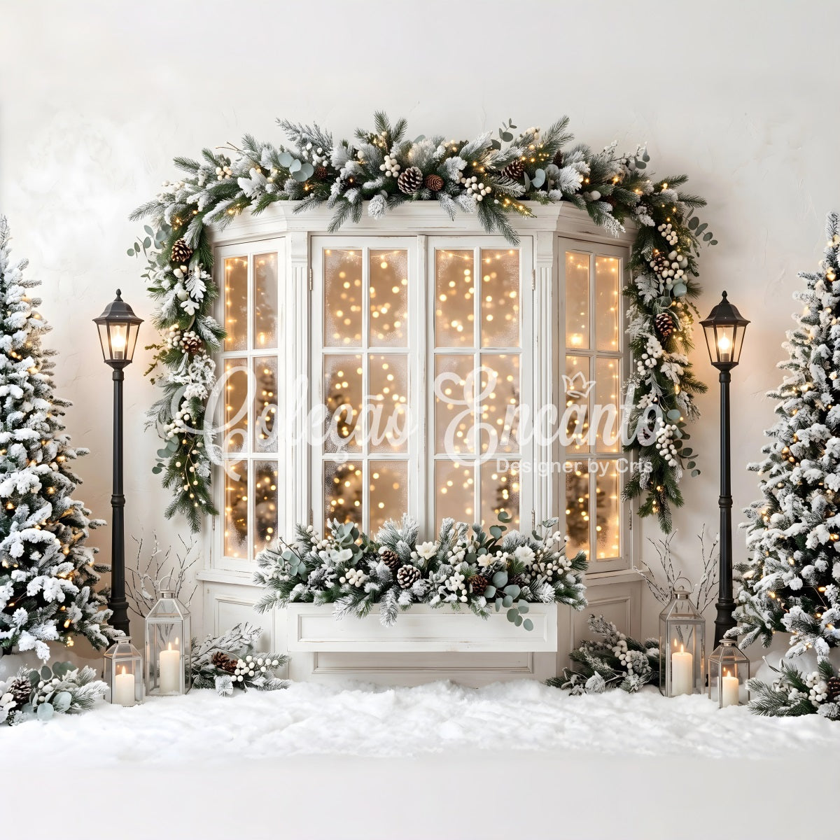 Christmas Backdrops For Pictures Frosted Bay Window Pine Lanterns Christmas Backdrop CEM65-138