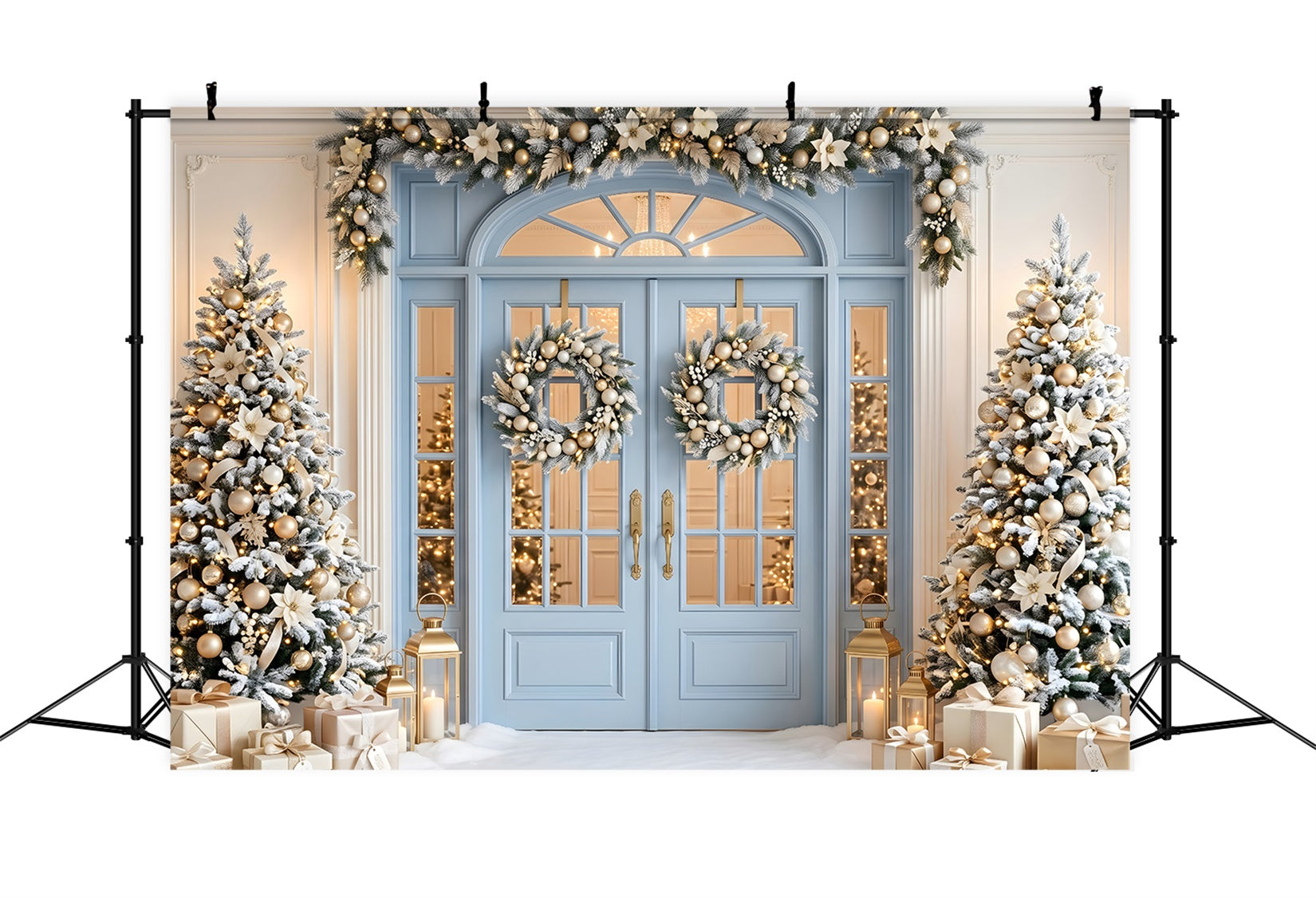 Christmas Photo Backdrop Blue Door Golden Frosted Trees Photography Christmas Backdrops CEM65-139
