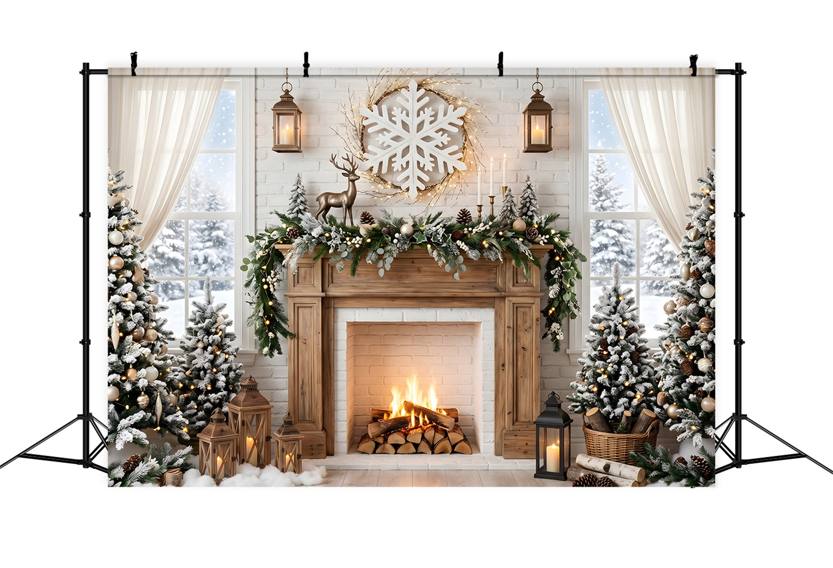 Christmas Backdrop Snowflake Deer Fireplace Pine Trees Christmas Photoshoot Backdrop CEM65-140