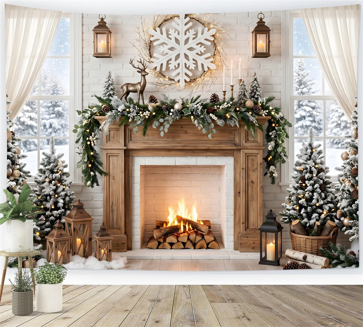 Christmas Backdrop Snowflake Deer Fireplace Pine Trees Christmas Photoshoot Backdrop CEM65-140