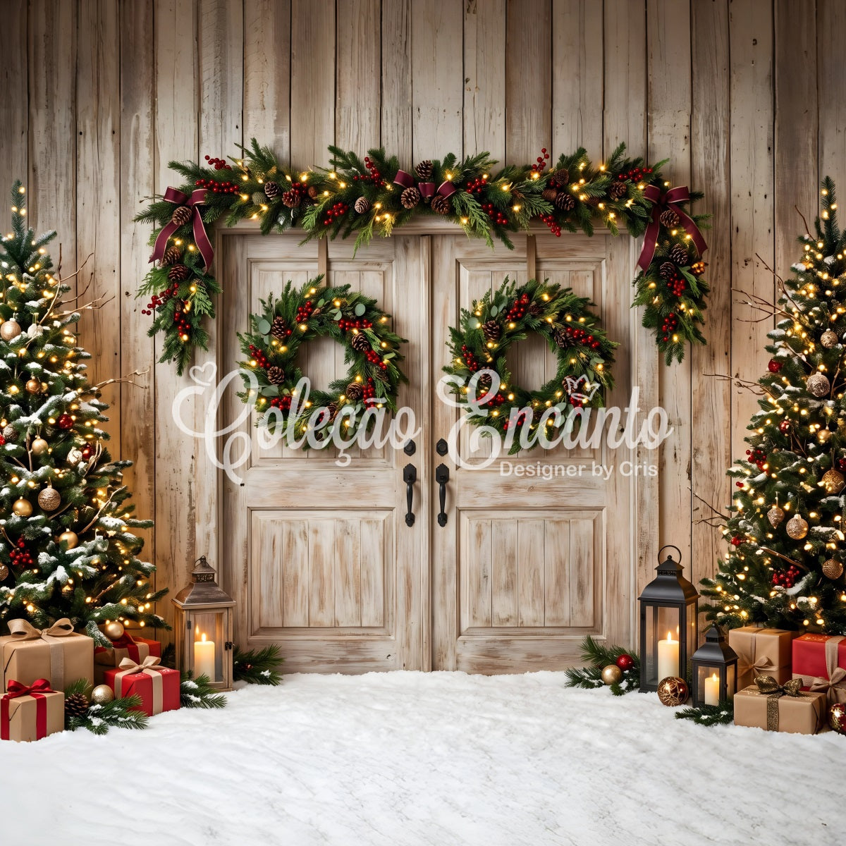 Rustic Christmas Backdrop Rustic Double Doors Wreath Trees Christmas Backdrop For Photoshoot CEM65-147