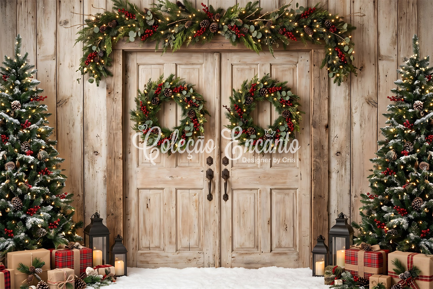 Christmas Barn Door Backdrop Weathered Wood Doors Plaid Gifts Backdrop