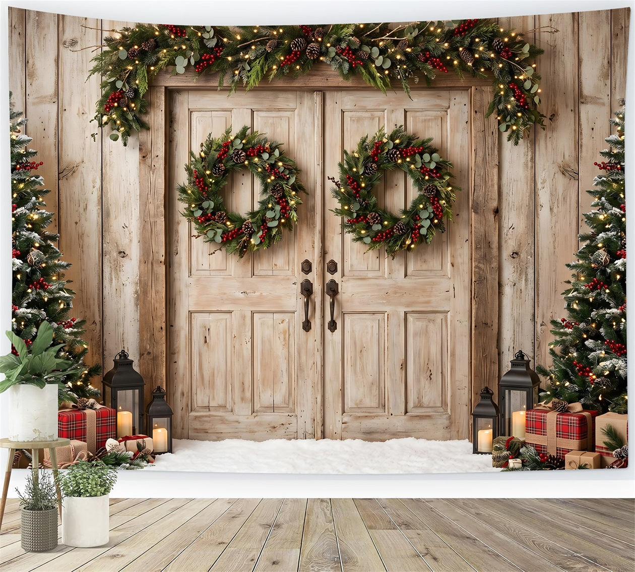 ヴィンテージ  フォトフレーム　クリスマス Christmas Barn Door Backdrop Weathered Wood Doors Plaid Gifts Backdrop