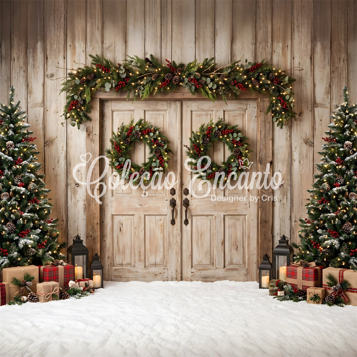 Christmas Barn Door Backdrop Weathered Wood Doors Plaid Gifts Backdrop Christmas Photo Booth CEM65-148