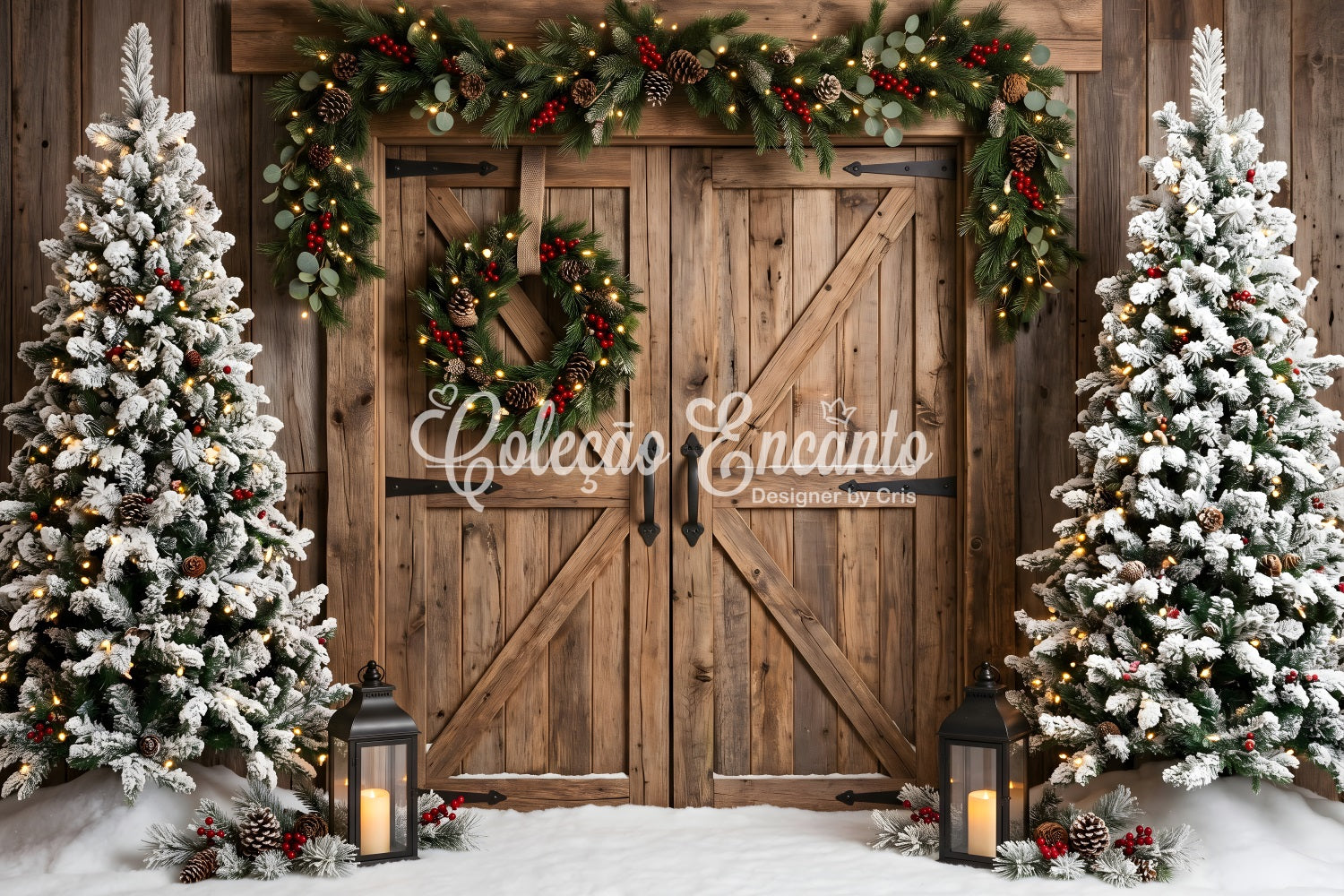 Rustic Christmas Backdrop Snowy Barn Doors Wreath Trees Christmas Stud