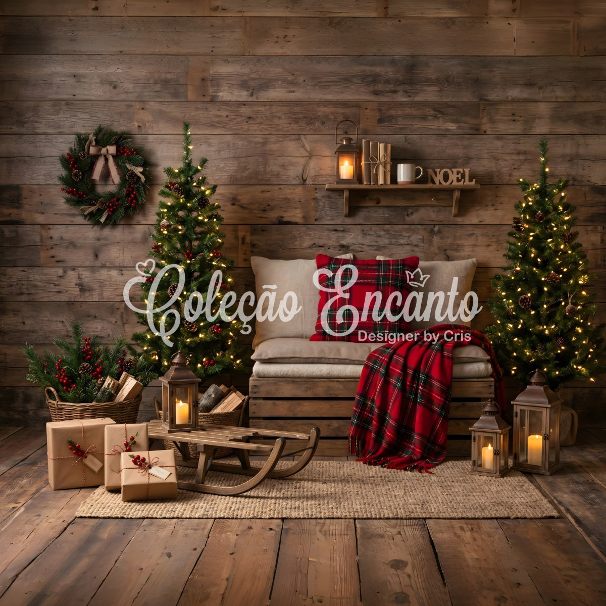Simple Christmas Backdrop Cozy Plaid Cabin Sled Corner Best Christmas Photo Backdrops CEM65-151