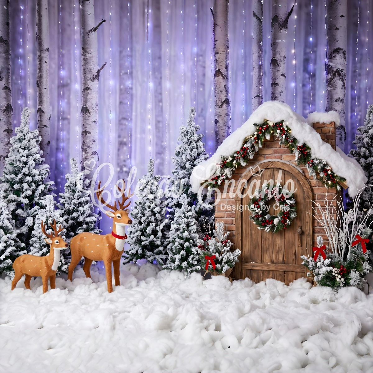 Christmas Forest Backdrop Purple Birch Forest Deer Cottage Christmas Photo Backdrop CEM65-156