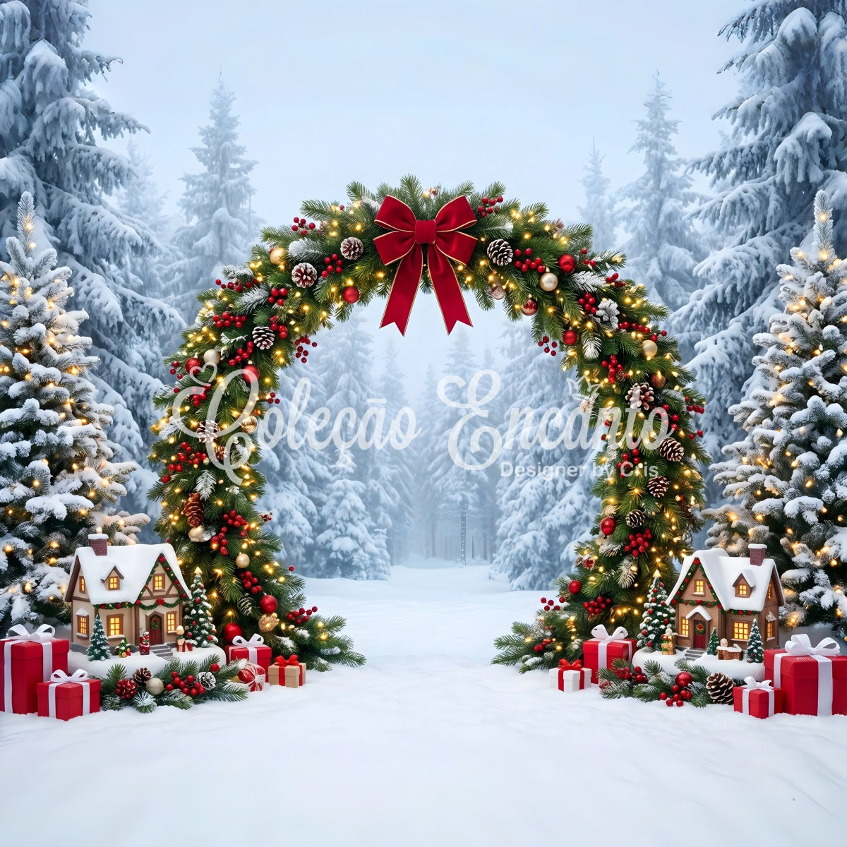 Christmas Wonderland Backdrop Snowy Evergreen Garland Cottage Arch Christmas Backdrop For Photos CEM65-157