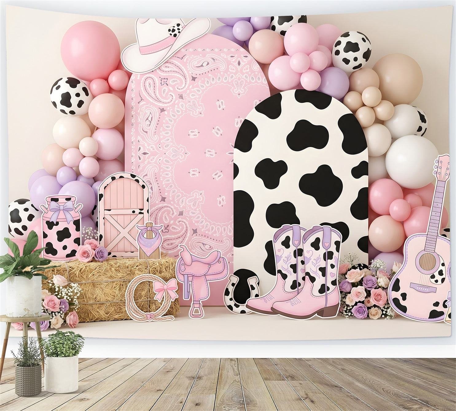 Newborn Fabric Backdrop Pink Cowgirl Cowprint Balloon Kids Photography Backdrops CEM65-16