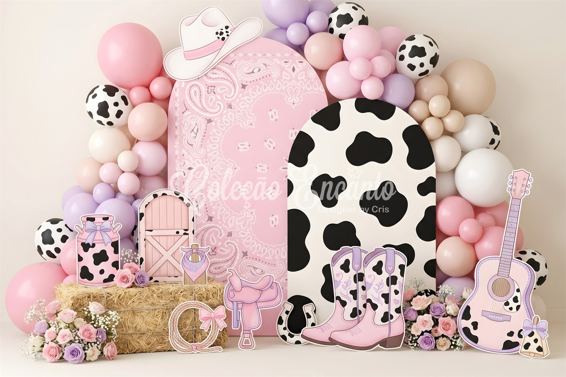 Newborn Fabric Backdrop Pink Cowgirl Cowprint Balloon Kids Photography Backdrops CEM65-16