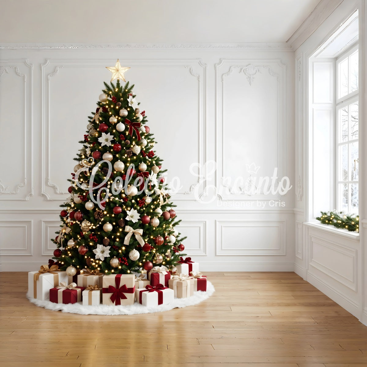Indoor Christmas Backdrop Elegant Poinsettia Tree Gift Corner Professional Christmas Backdrops CEM65-163