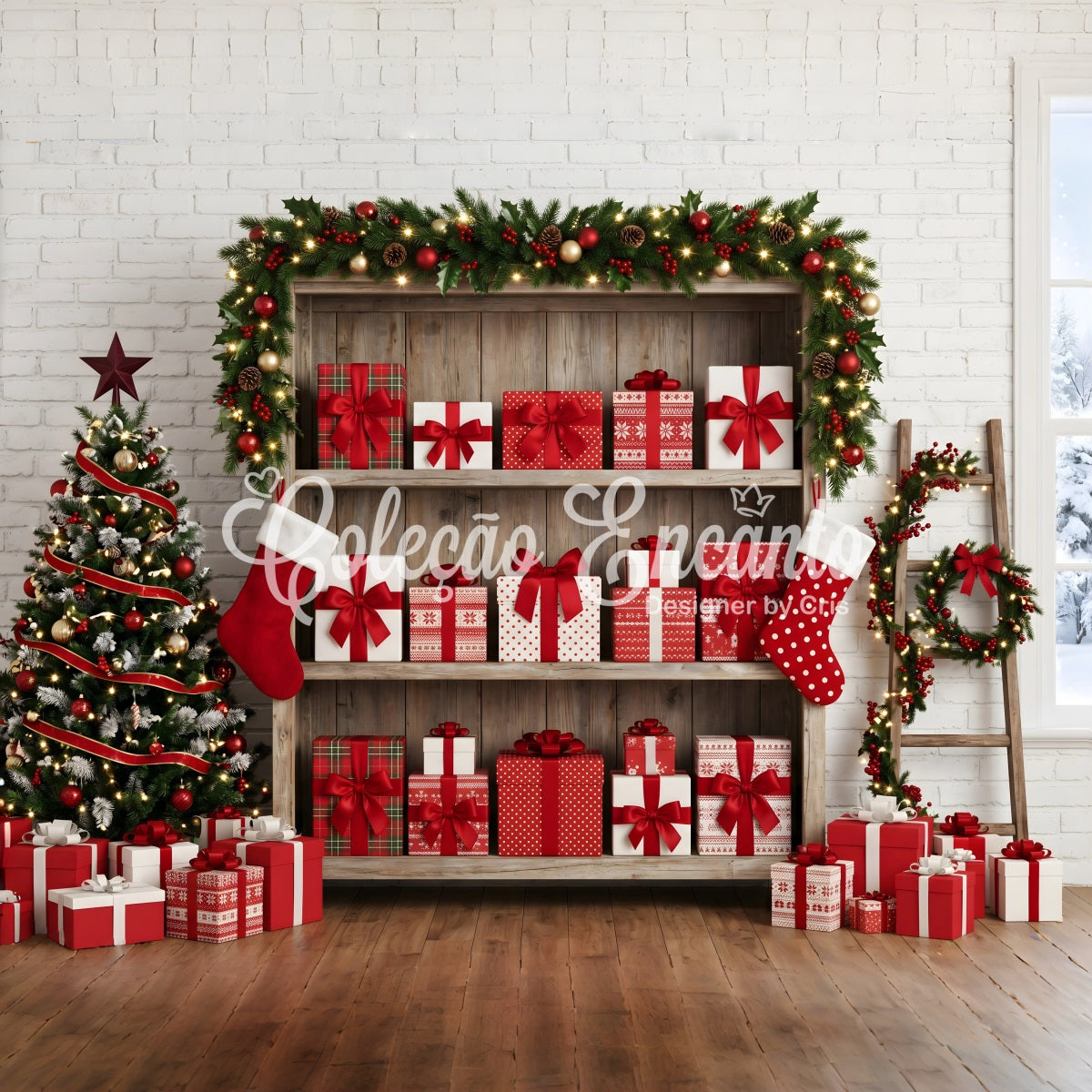 Christmas Themed Backdrop Festive Gift Shelf Stocking Display Christmas Backdrop Photography CEM65-165
