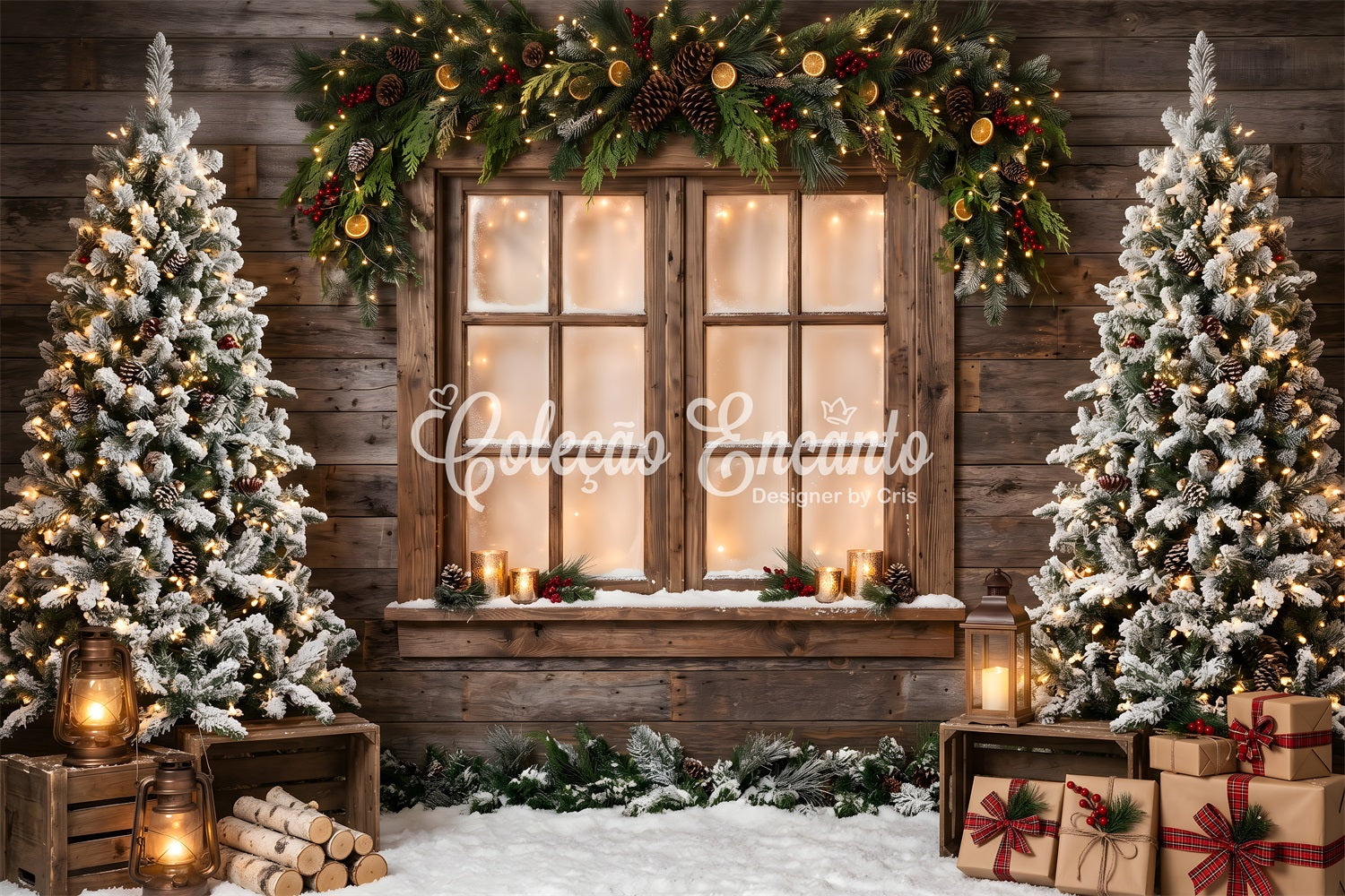 Christmas Trees Backdrop Rustic Window Garland Lantern Gifts Christmas