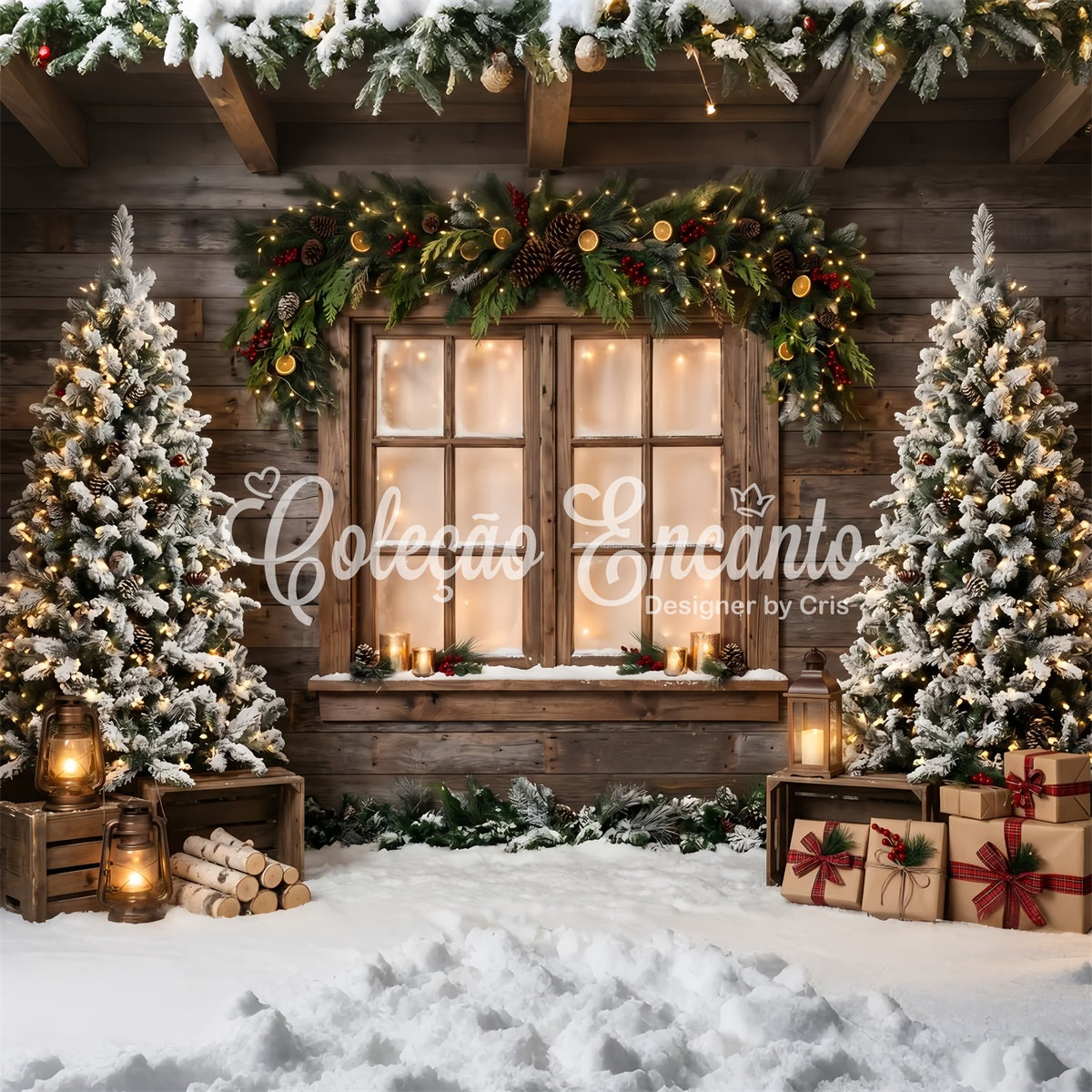 Christmas Trees Backdrop Rustic Window Garland Lantern Gifts Christmas Photo Booth Backdrop CEM65-168