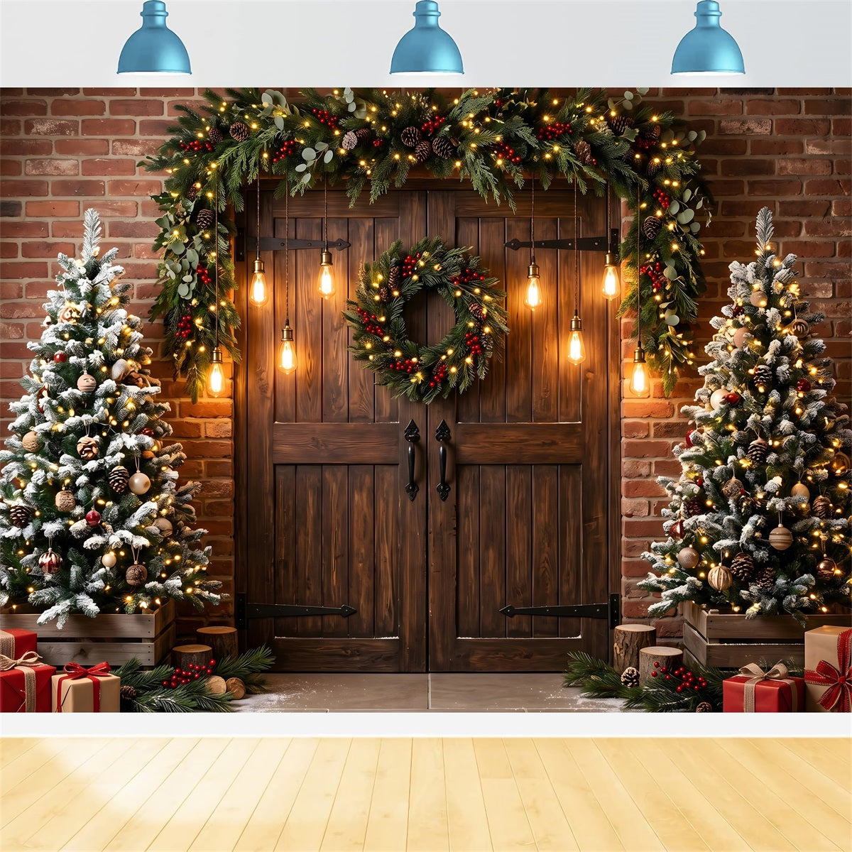 Christmas Light Backdrop Brick Barn Door Edison Lights Christmas Backd