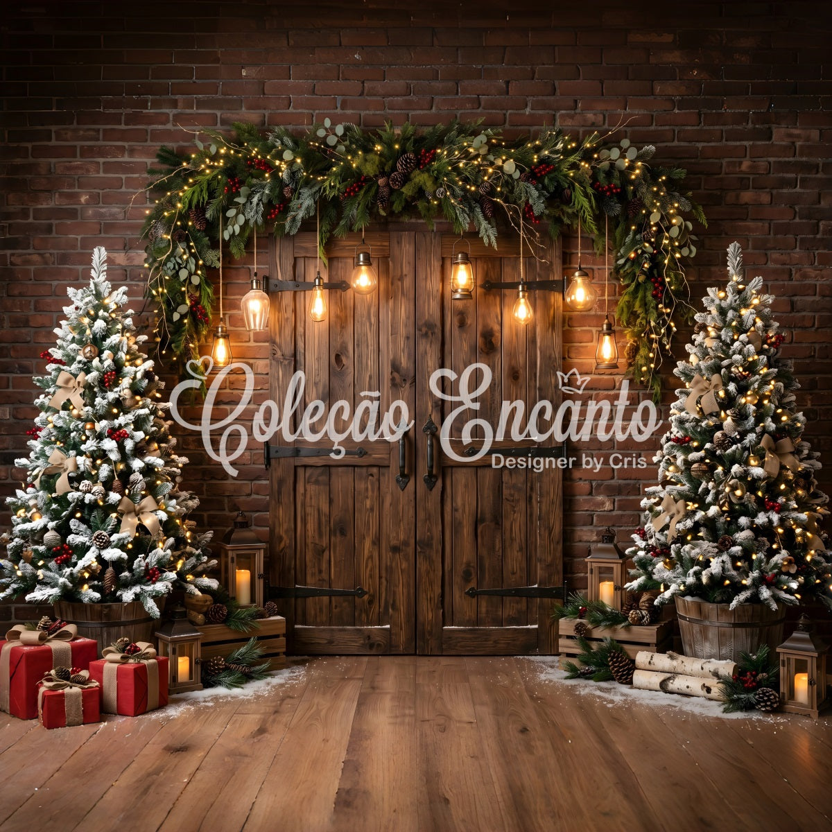 Christmas Barn Door Backdrop Rustic Barn Door Edison Lights Christmas Photoshoot Backdrop CEM65-174