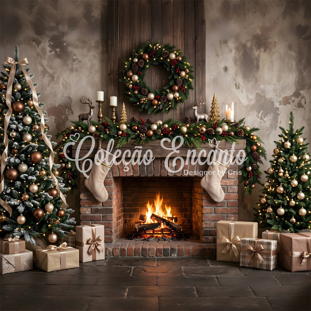 Christmas Fireplace Photo Backdrop Neutral Brick Stockings Trees Christmas Backdrops CEM65-177