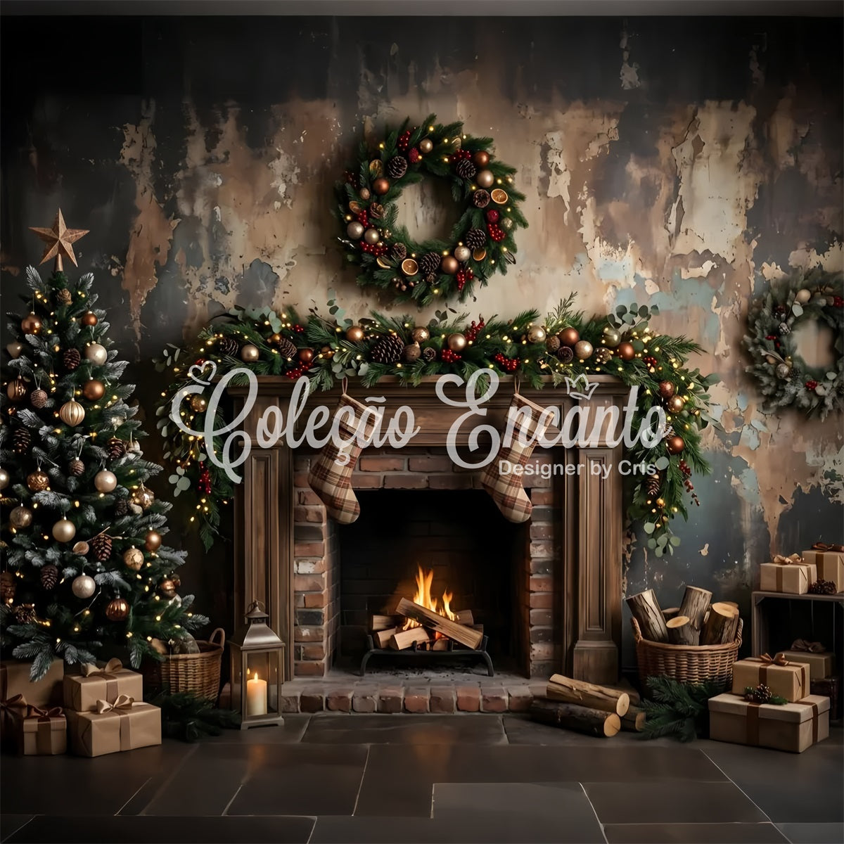 Christmas Fireplace Backdrops Moody Rustic Fireplace Stockings Christmas Photobooth Backdrop CEM65-180