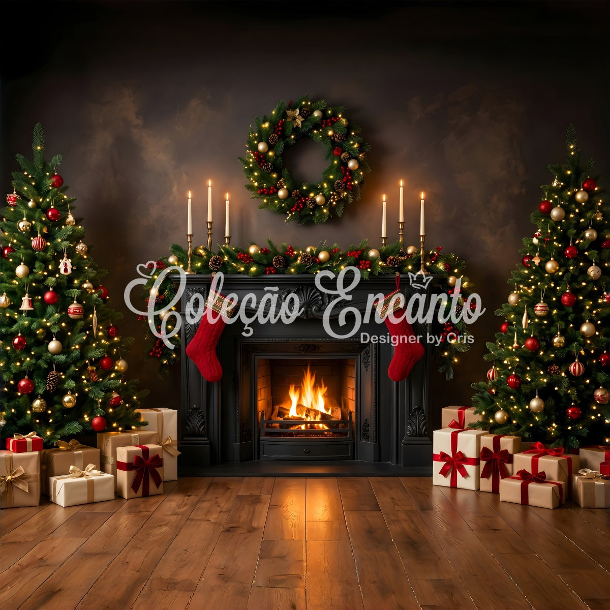 Best Christmas Backdrops Black Fireplace Candles Stockings Christmas Backdrop Photoshoot CEM65-184