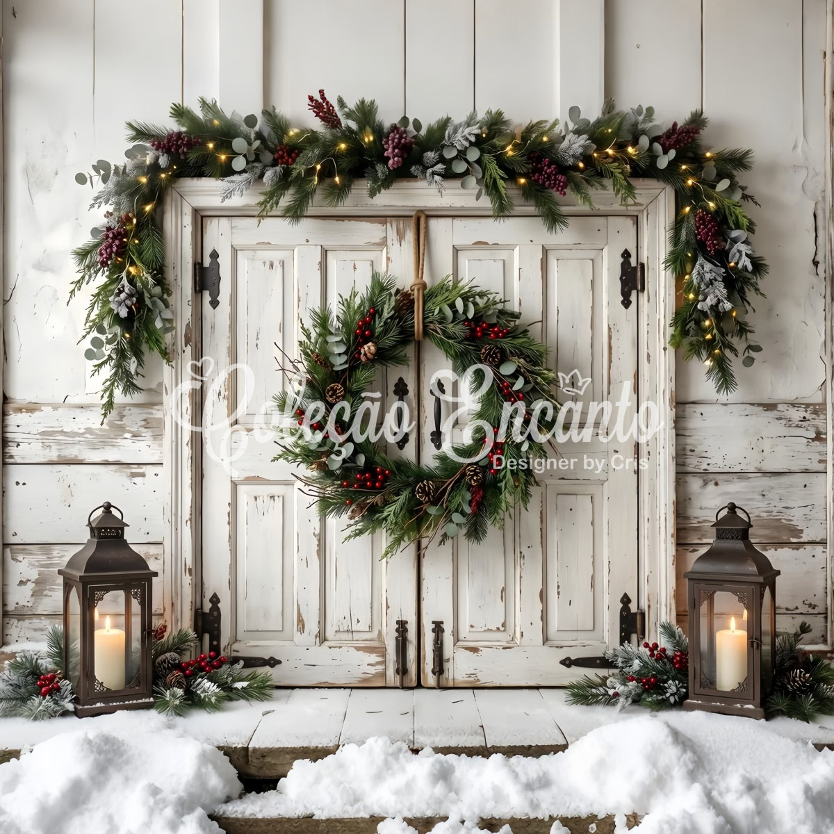 Best Christmas Backdrops For Photography White Door Hanging Wreath Backdrop Christmas CEM65-186