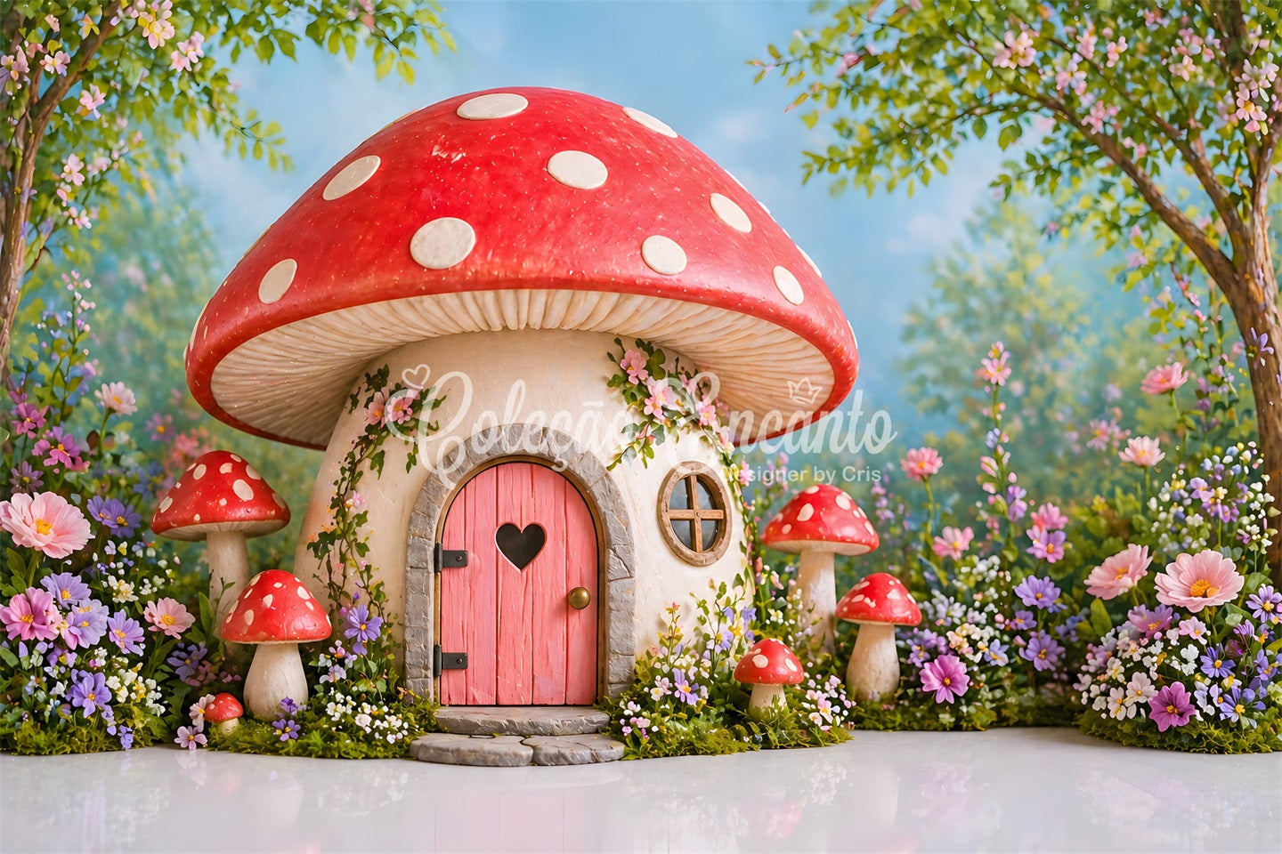 Backdrop for Kids Photoshoot Enchanted Mushroom House Flower Newborn Photo Backdrops CEM65-19